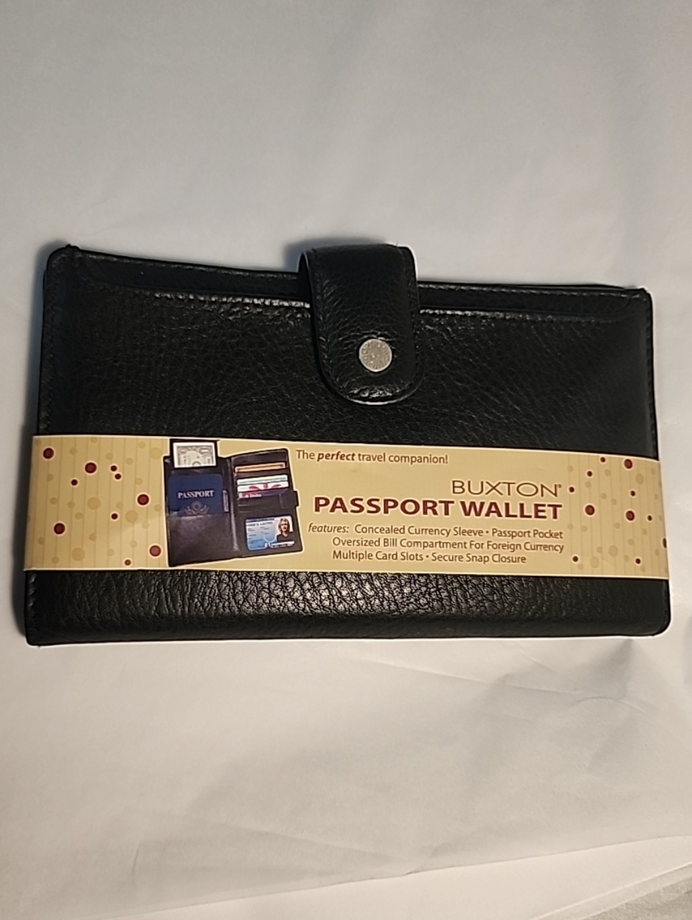 Buxton Black Leather Passport Wallet ID Slots PP Pocket Snap Closure Travel NEW